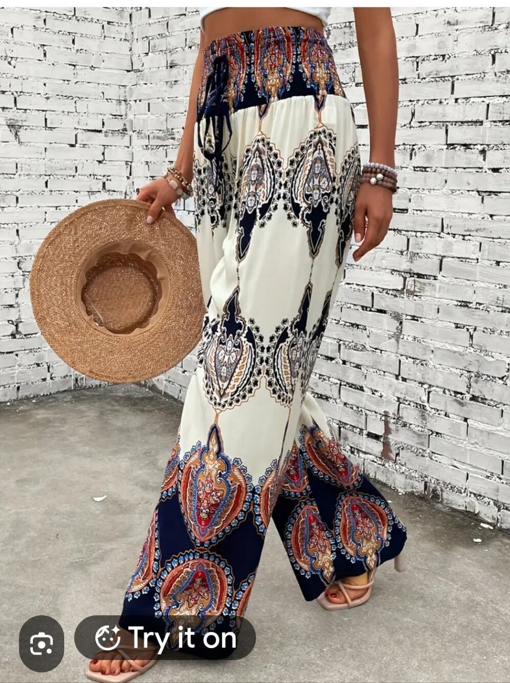 Boho Wide-Leg Printed Palazzo Pants - Ivory & Navy